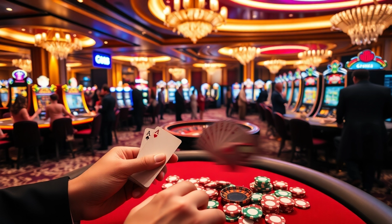 Players enjoying games at gg88 biz casino with vibrant atmosphere and luxurious decor.