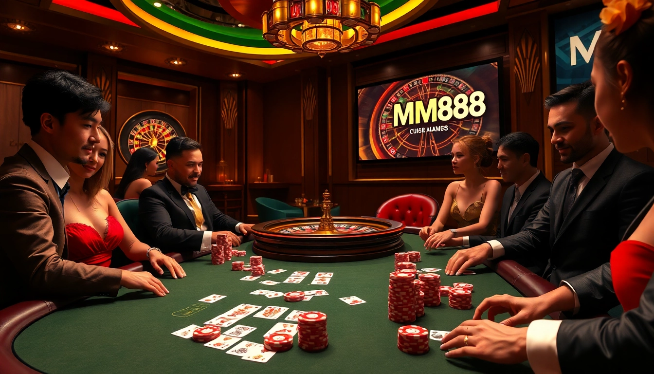 Experience the excitement of MM88 with players at a poker table, vibrant chips, and a roulette wheel.