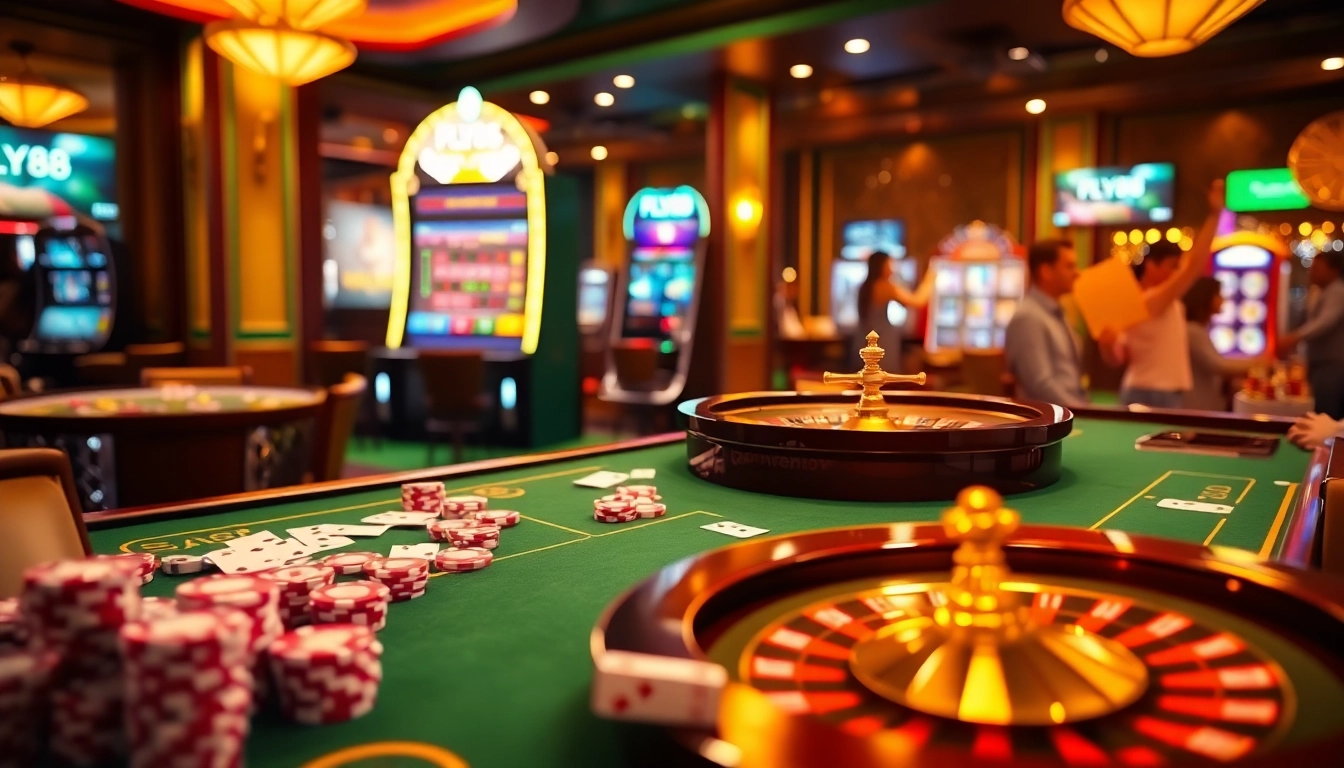 Experience the thrill of FLY88 with luxurious casino gaming visuals, highlighting excitement and luxury.