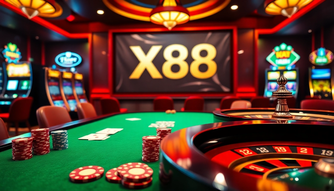 X88 themed luxury casino scene with poker chips, cards, and roulette wheel.