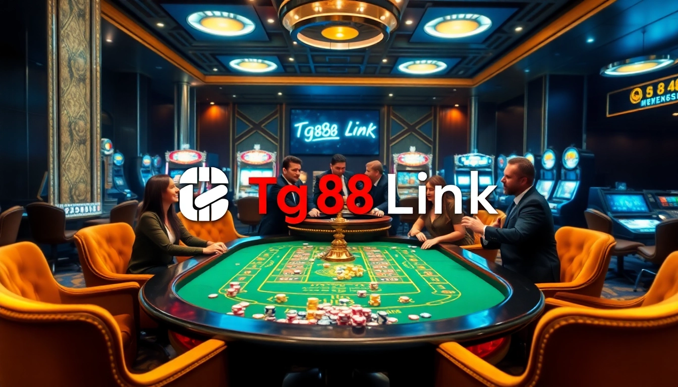 Engage with the Tg88 Link casino experience, showcasing vibrant gaming tables and excited players.