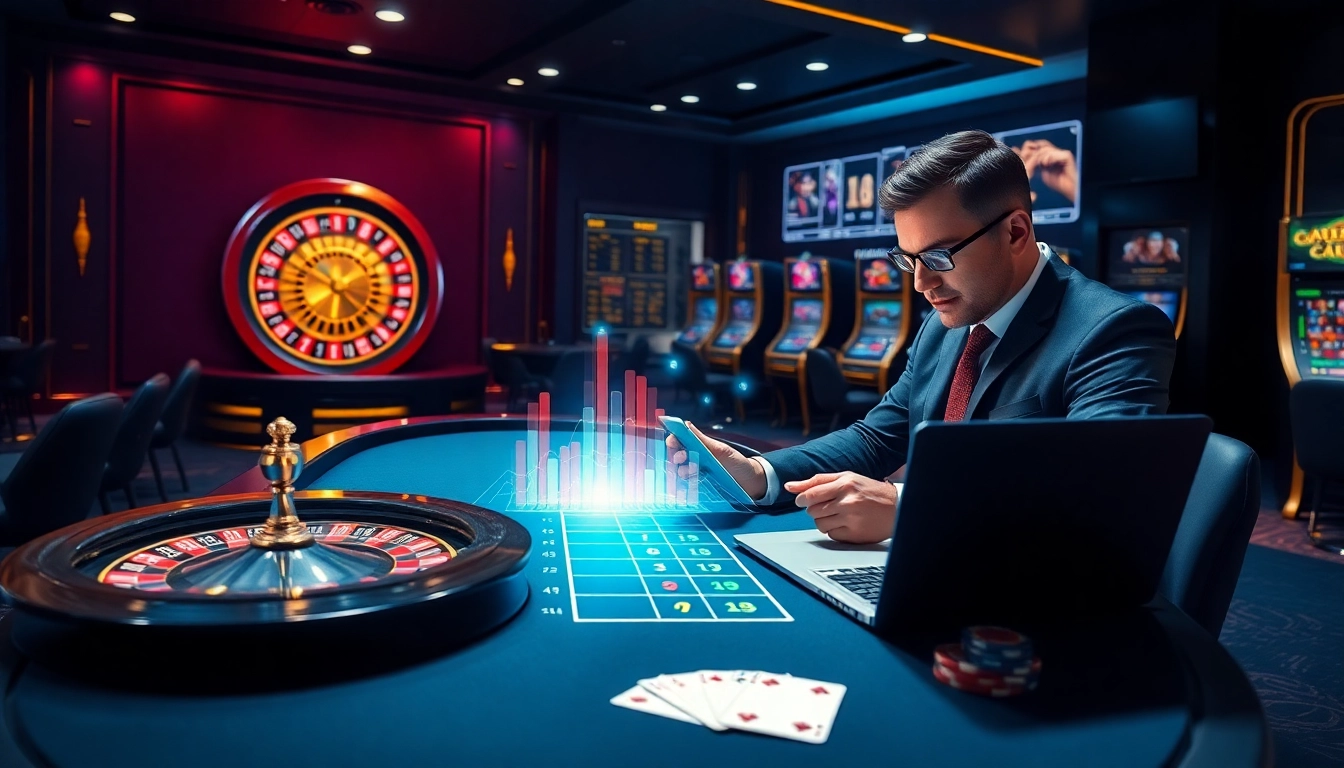 Lively online gambling scene at https://lode88uk.com/ featuring roulette wheels and poker tables.