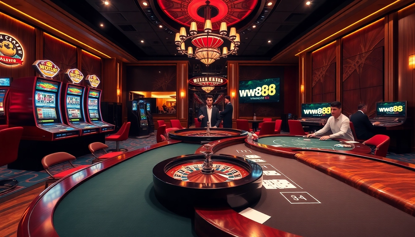 Engage in online gaming with the link vào ww88 at a vibrant casino atmosphere featuring slot machines.