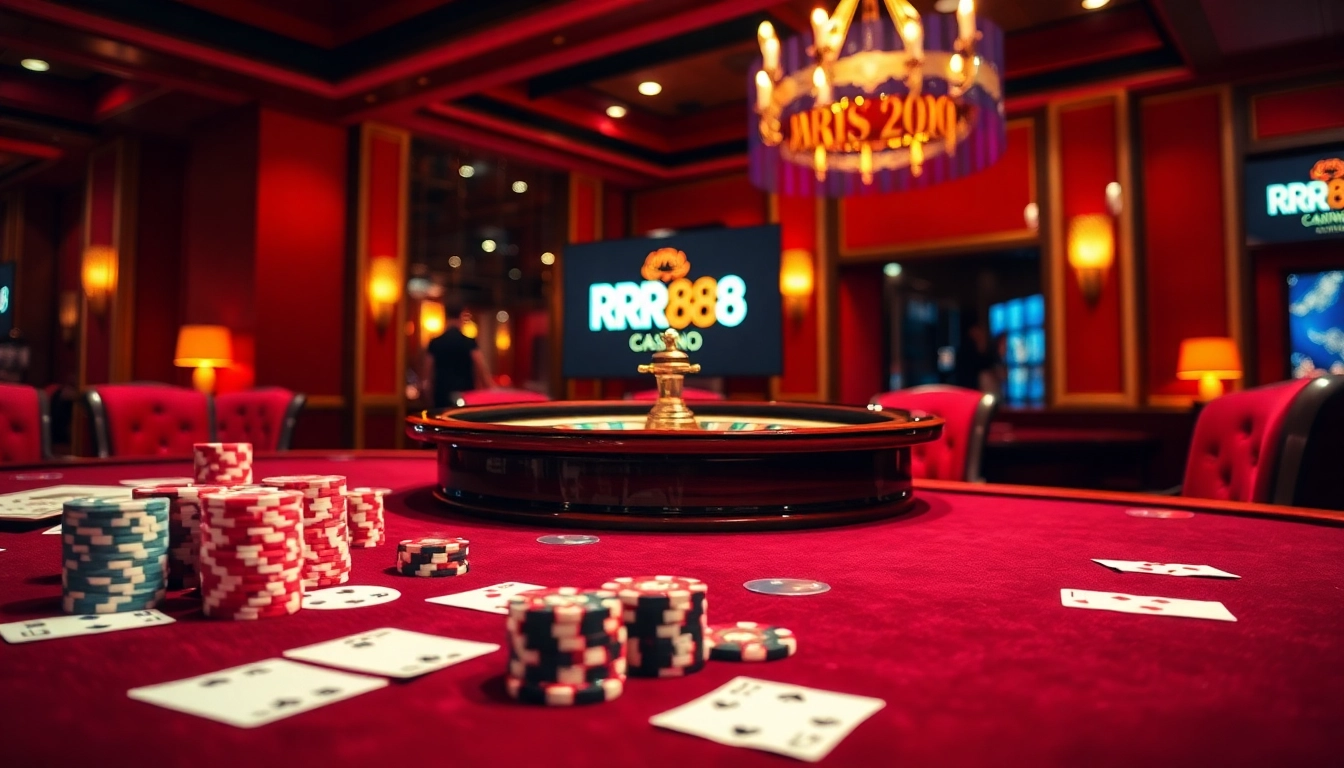 Players engaging at the RR88 casino table, showcasing glamorous cards, chips, and roulette setup.