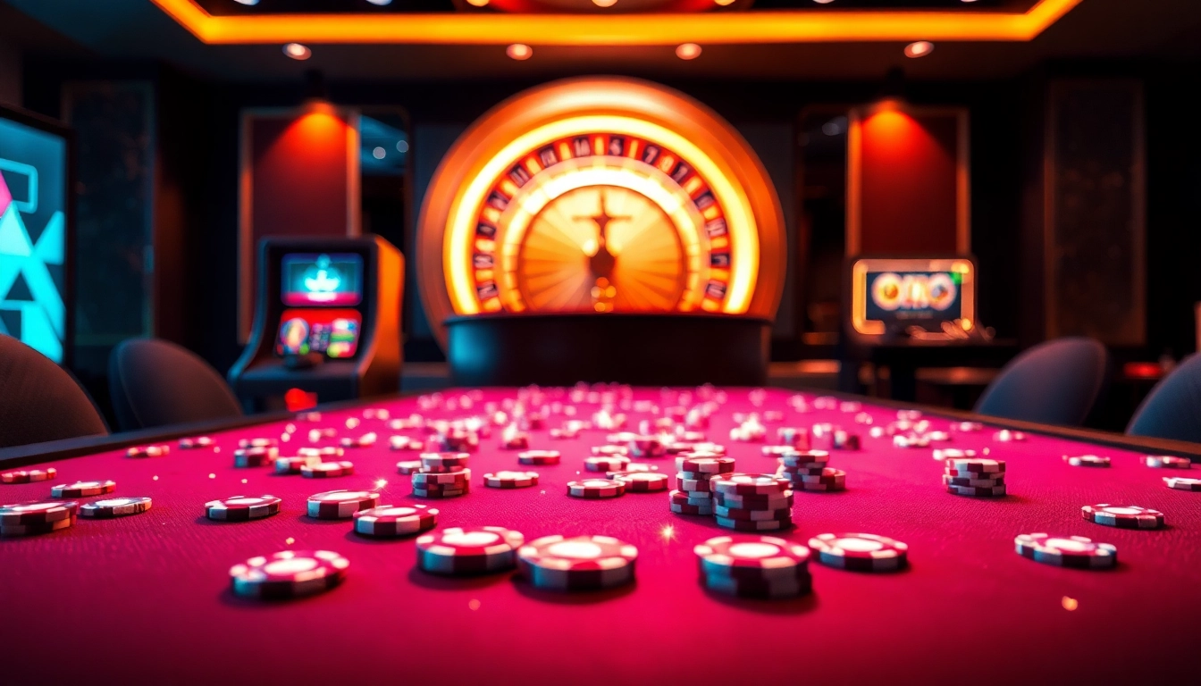 A dynamic online casino at https://sunwin2.co/, featuring vibrant tables and sleek slot machines inviting gamers.