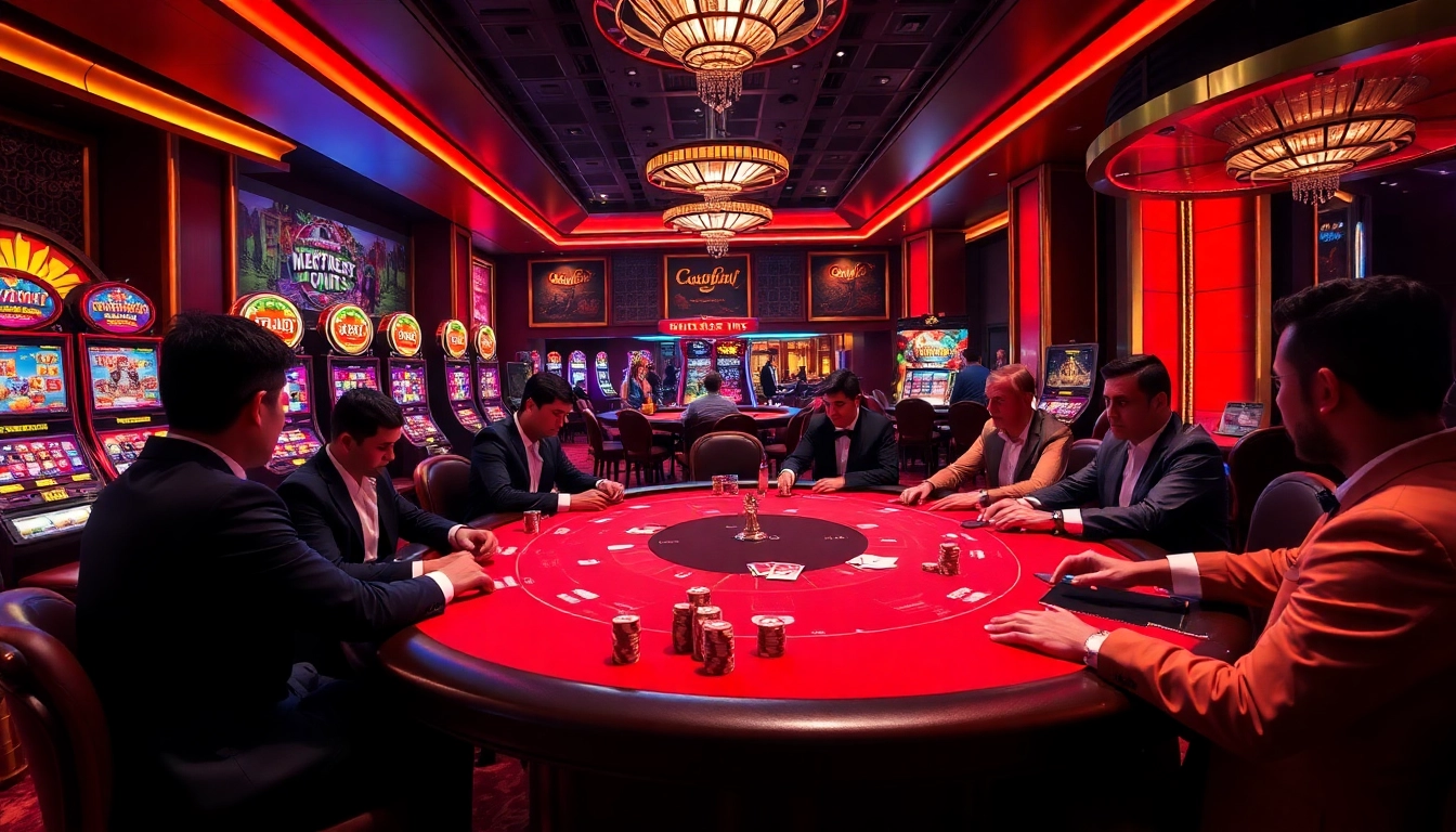 An exciting casino atmosphere at http://228kbet.net/ featuring poker players, slot machines, and roulette, capturing the thrill of gambling.