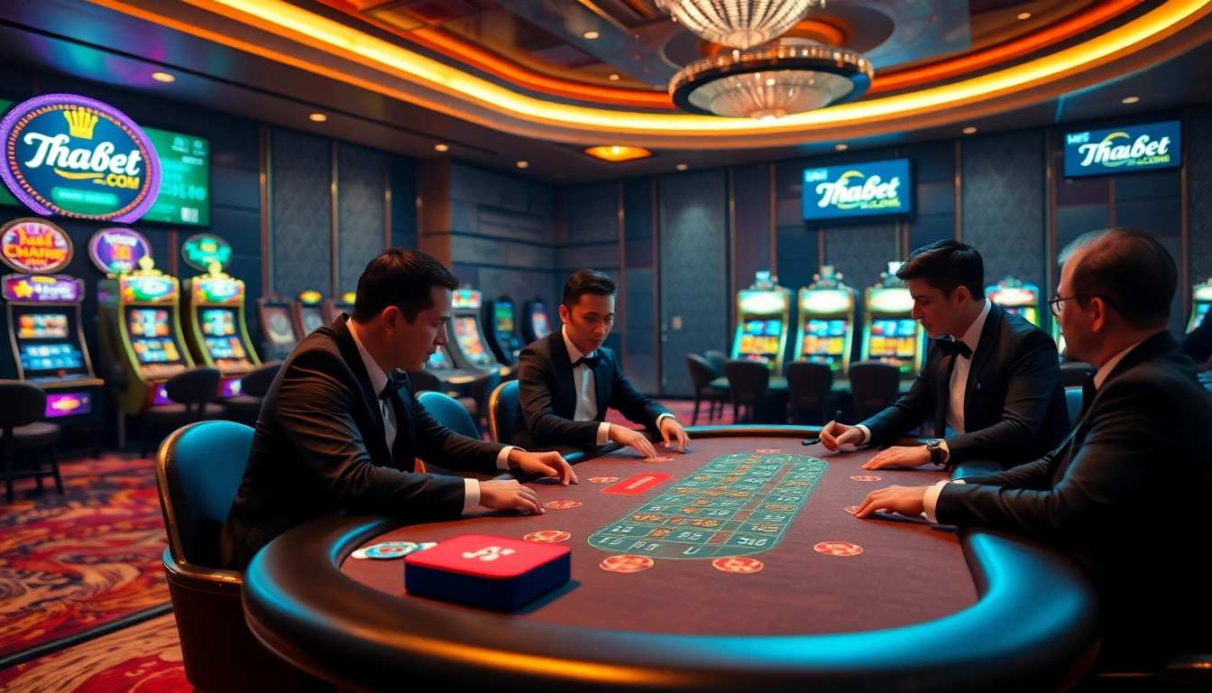 Players enjoying a high-stakes poker game at thabet.com, showcasing luxury and excitement in a vibrant casino setting.