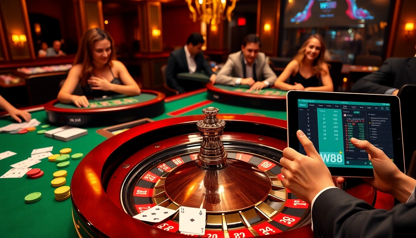 Experience luxury gaming action at w88's roulette table surrounded by vibrant poker chips and interactive play.