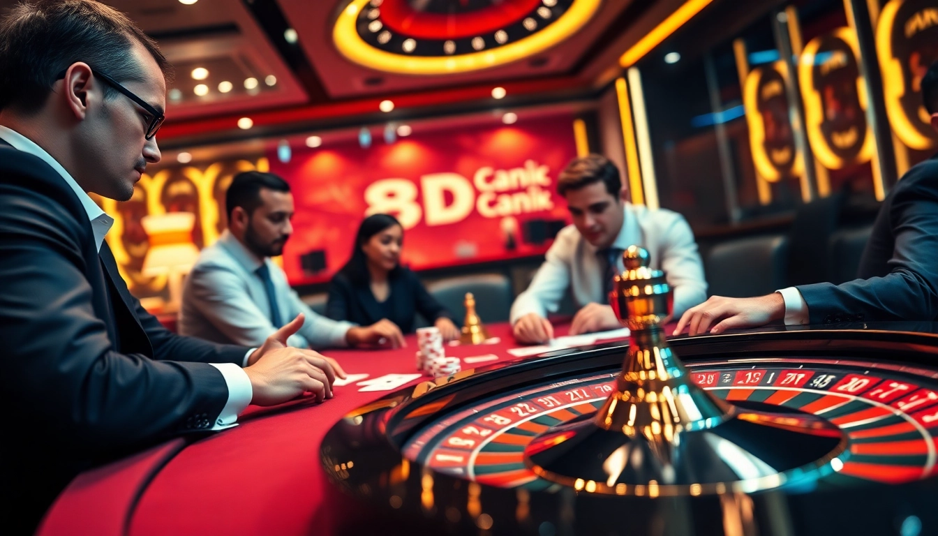 Experience the thrill of online gambling with 8kbet.ink's luxurious casino ambiance featuring poker tables and dynamic gameplay.