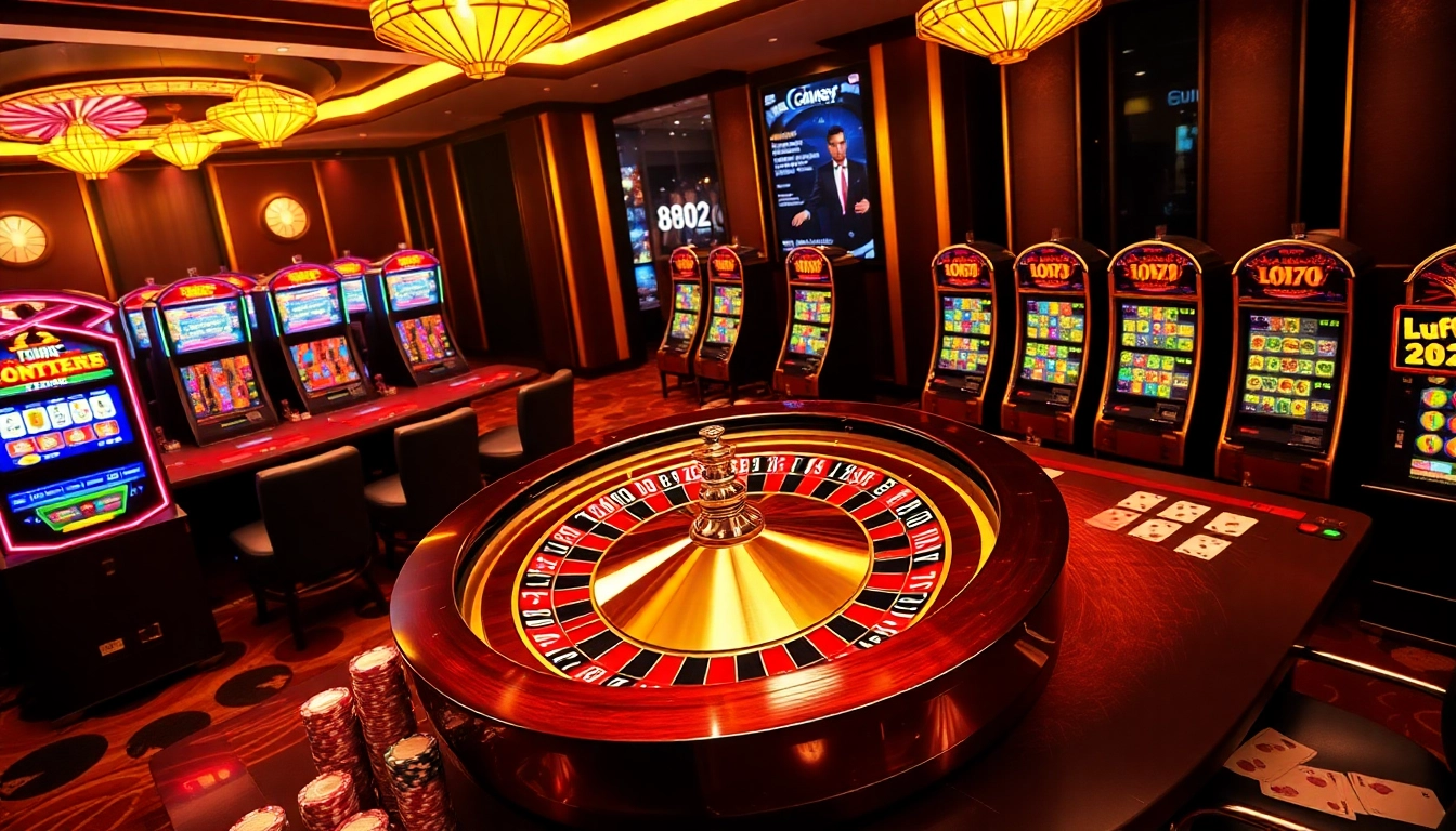 Experience the excitement of luckywin 882 com with vibrant casino gaming elements, roulette, and poker.