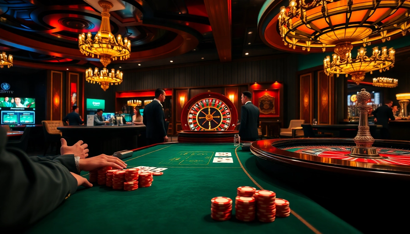RIKVIP poker players strategizing bets in a lively casino atmosphere with professional dealers.