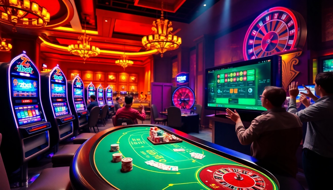 Exciting gambling experience at zbet with colorful casino elements and players enjoying games.