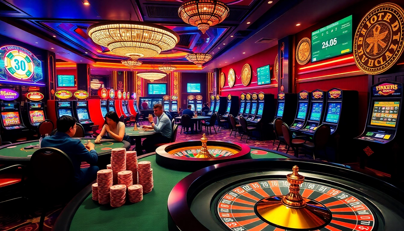 MM88 casino scene showcasing vibrant poker gameplay and colorful slot machines.