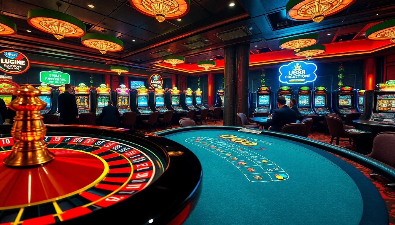 Experience the thrill of uu88 with luxurious casino elements, vibrant lights, and exciting gambling activities.