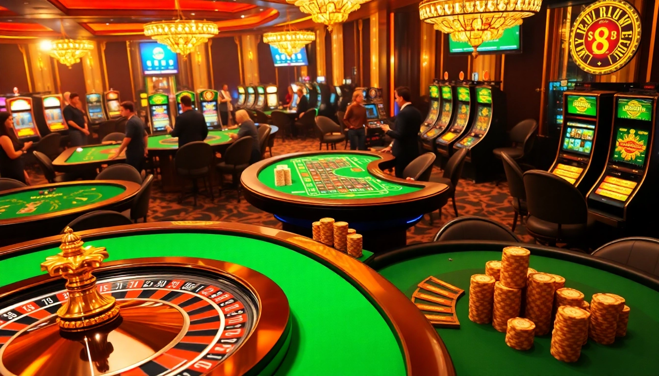 Experience the excitement of Luck8 with poker chips and a roulette wheel in a vibrant casino setting.