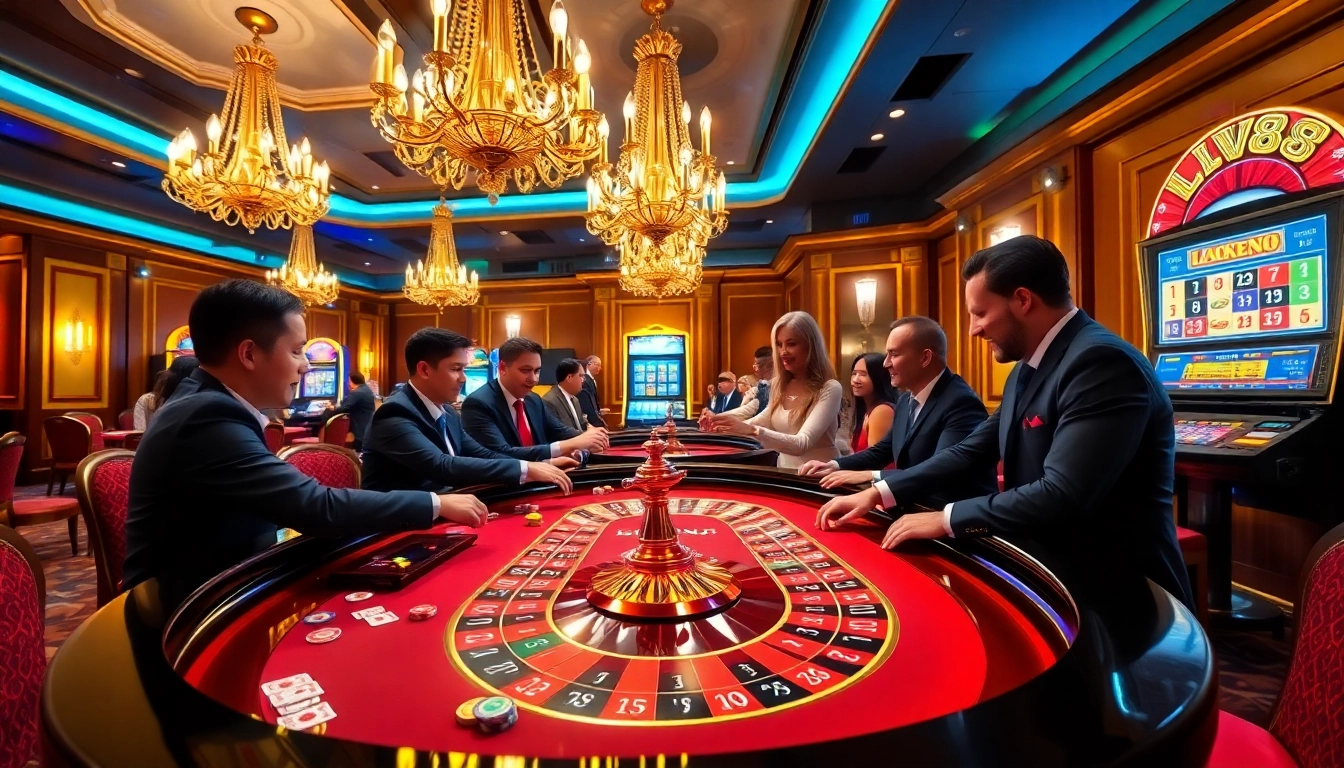 Players enjoying a thrilling moment at the LV88 roulette table in a luxurious casino.