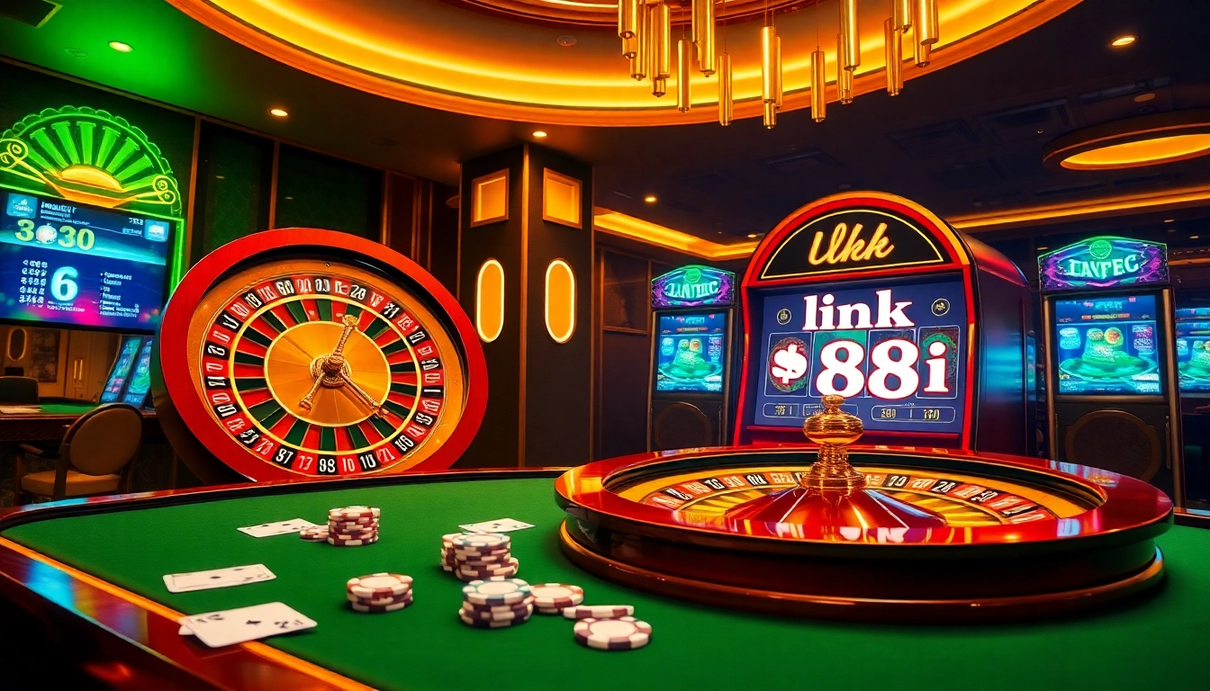 A luxurious casino scene showcasing excitement as players interact with link 88i slot machines and roulette tables.