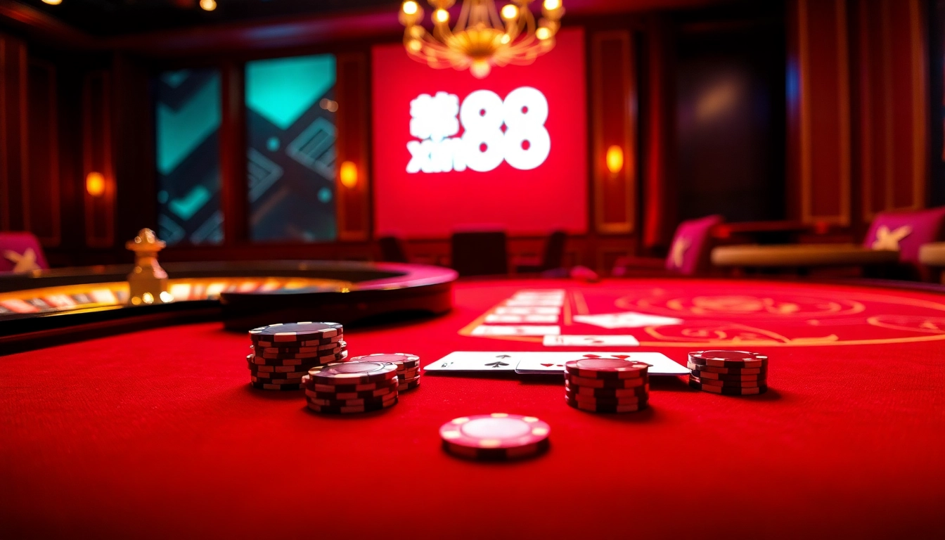 Experience the excitement of xin88 with vibrant poker chips and professional cards at a luxurious casino table.