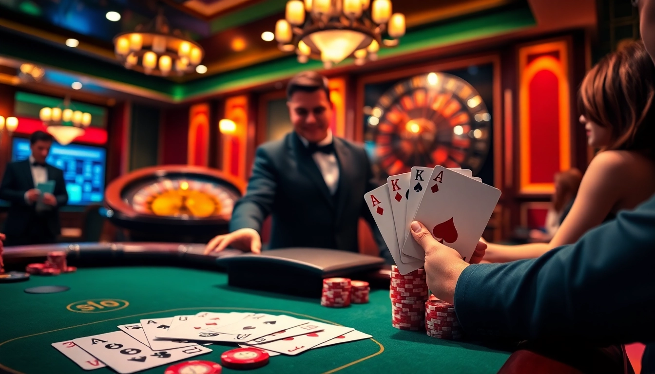 Sodo66 poker players engaging at a luxurious gaming table in a vibrant casino atmosphere.