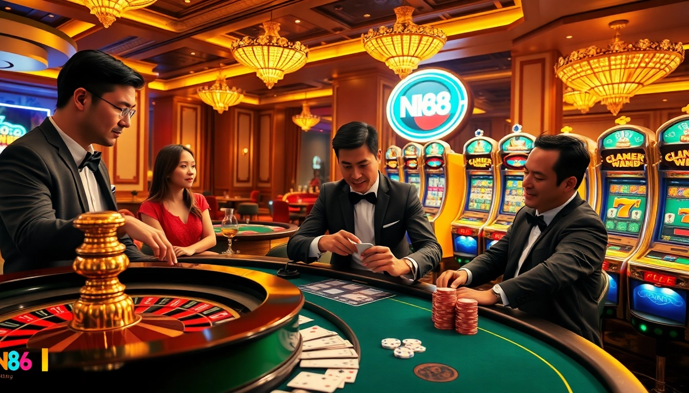 Experience the thrilling gameplay at NK88, featuring vibrant casino tables and players immersed in action.