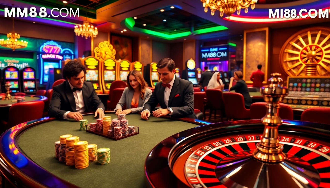 Players enjoying gambling excitement at MM88.COM casino with vibrant colors.