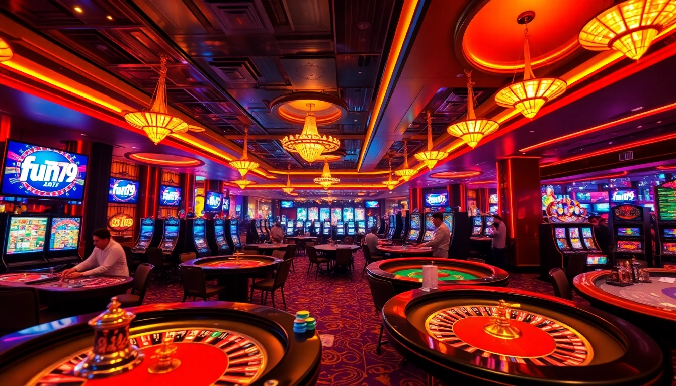 Exciting casino scene featuring fun79 branding with vibrant tables and players engaged in games.