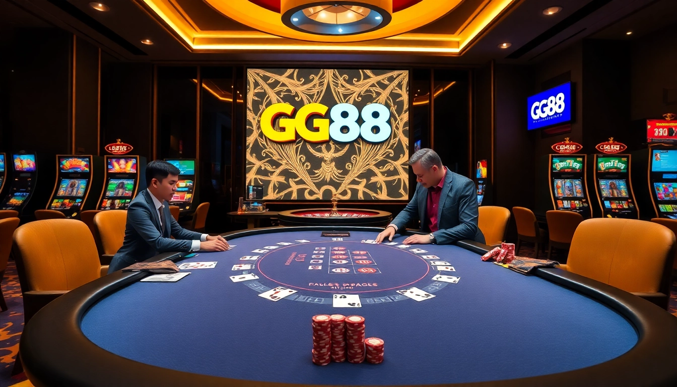 Experience high-stakes gaming at GG88's luxurious casino tables with vibrant chips and cards.