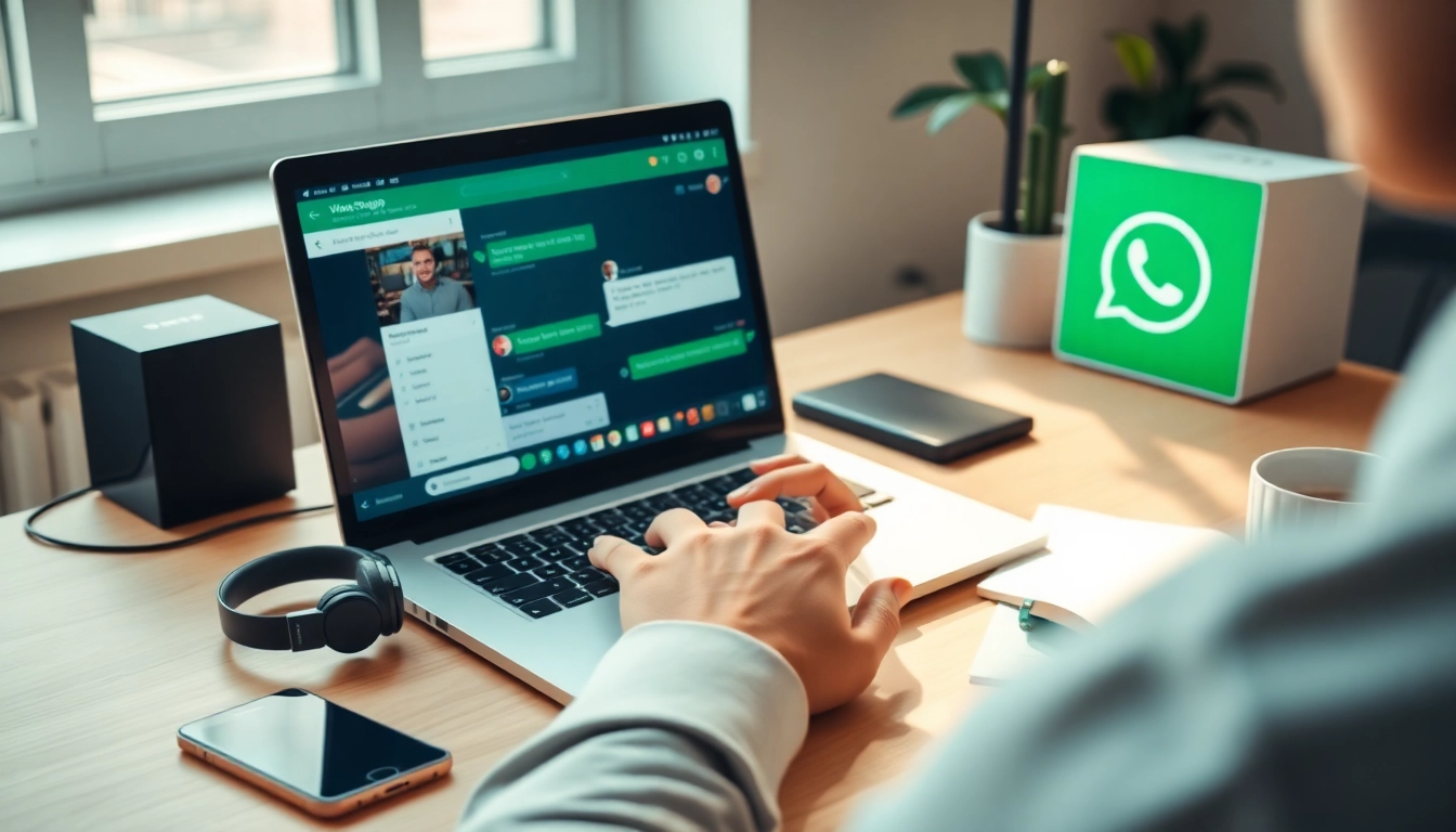 在现代工作环境中用笔记本电脑使用 WhatsApp网页版，展示消息发送与视频通话。