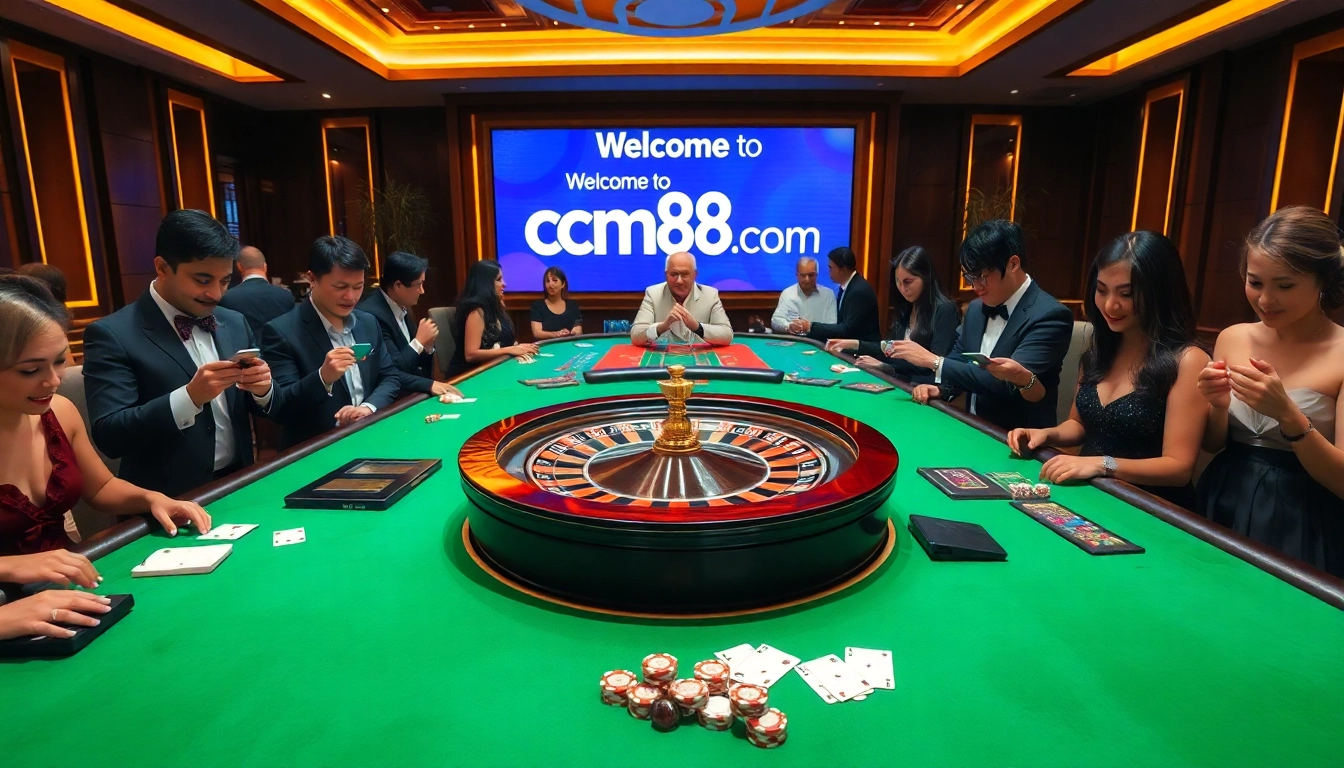 Exciting gamblers enjoying card games and a roulette wheel at cm88 com casino scene.