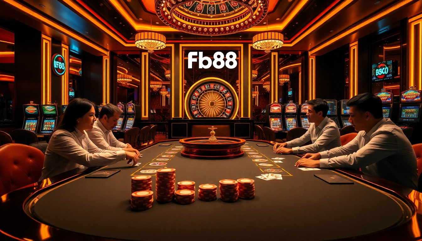 Experience the thrill of Baccarat at Fb88, with vibrant poker chips and competitive players.