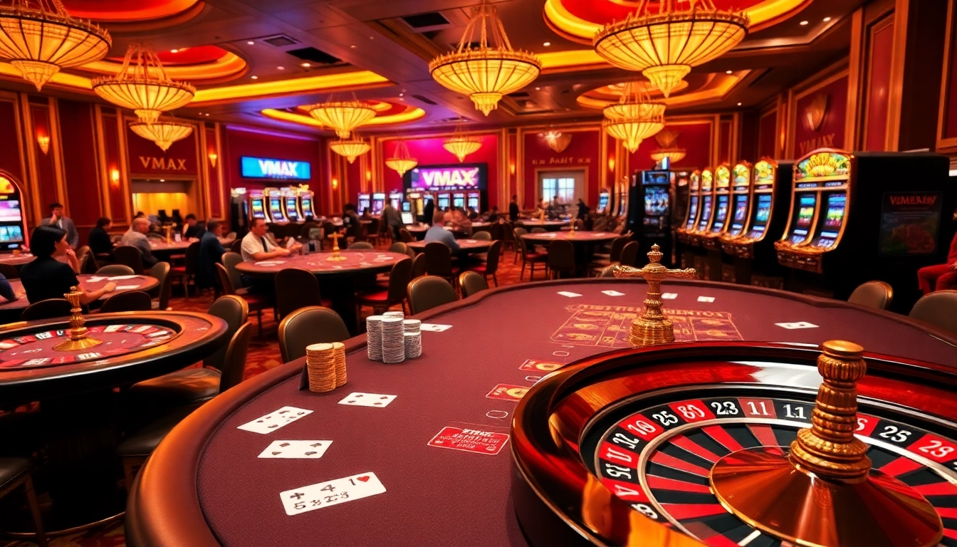 Winning moment at VMAX casino with vibrant table games and excited players.