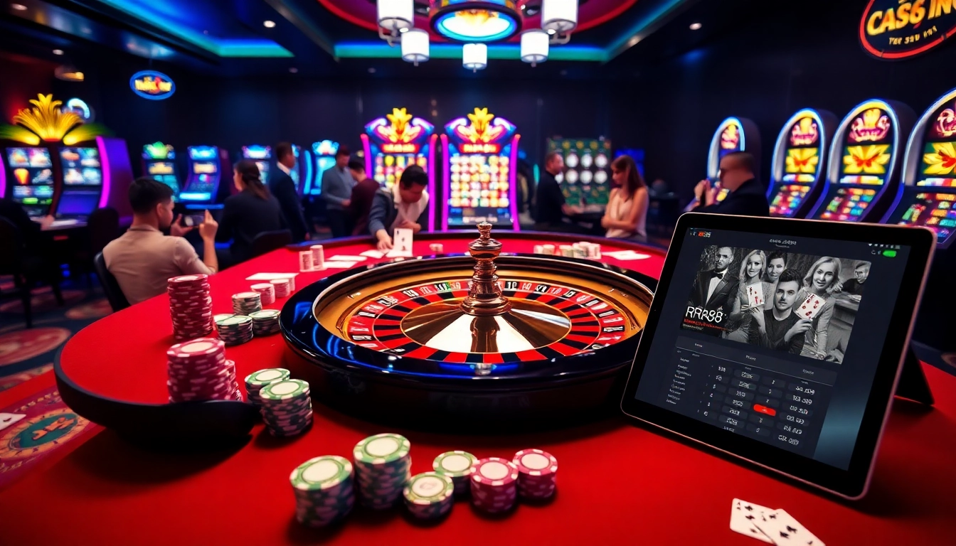 Players engaging in exciting games at RR88 online casino with vibrant tables and slot machines.