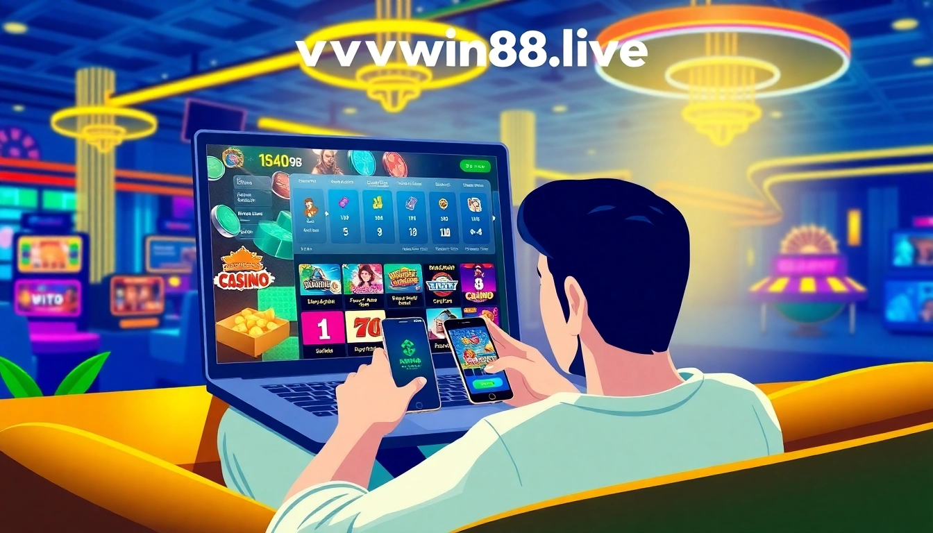 Experience online gaming at vvvwin88.live with vibrant casino graphics and mobile app engagement.