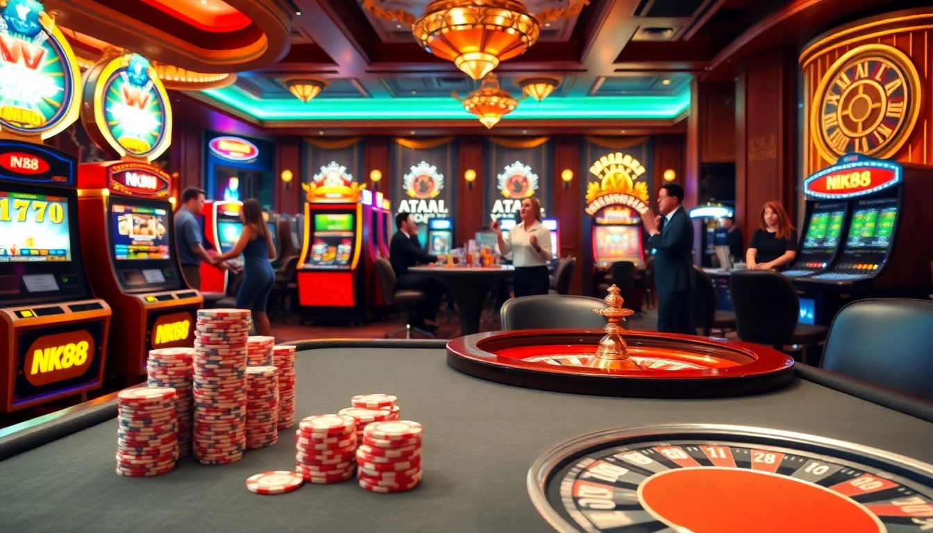 Exciting nk88 casino scene with vibrant poker, roulette, and slot machines.