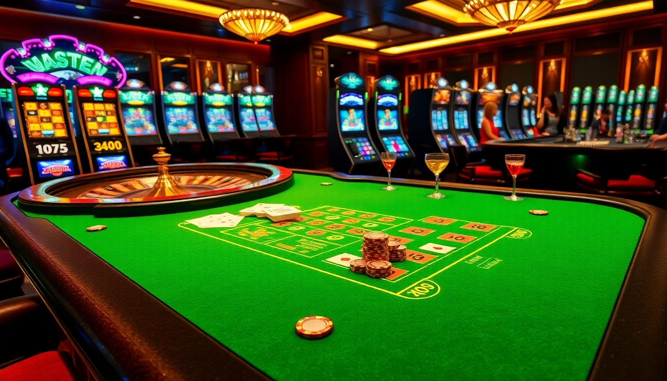 https://xo88hi.com/ showcases a luxurious gaming atmosphere with elegant blackjack tables and vibrant slot machines.