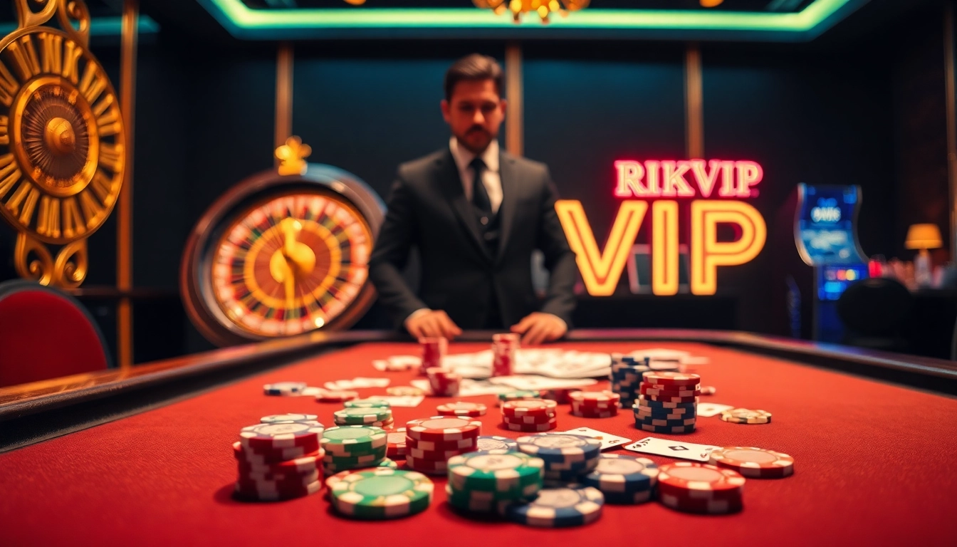Players enjoying a thrilling game at RIKVIP casino, featuring poker chips and colorful cards.