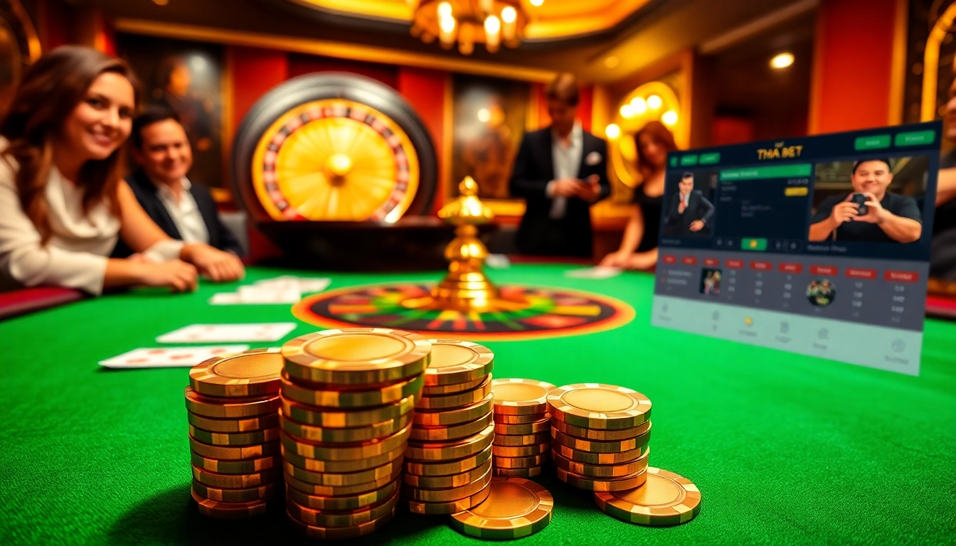Experience the excitement of THA BET with vibrant casino visuals showcasing poker and roulette.