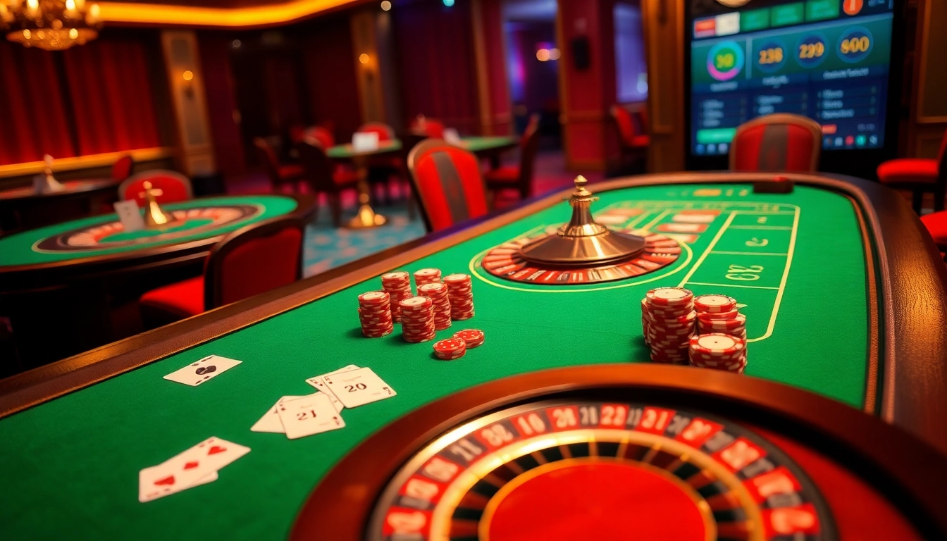 Fly88's luxury casino tables with poker chips and playing cards create an enticing gambling ambiance.
