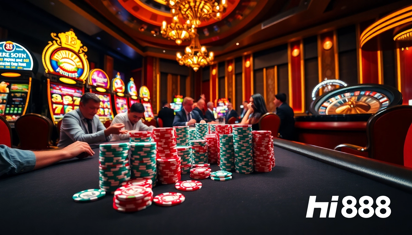 Intense poker action at Hi88 casino, featuring players with poker chips and cards.
