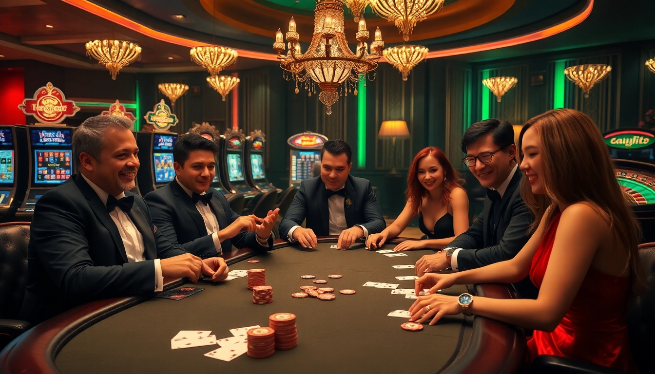 Players enjoying high-stakes poker at https://mk8th.net/ with vibrant casino ambiance and luxury.