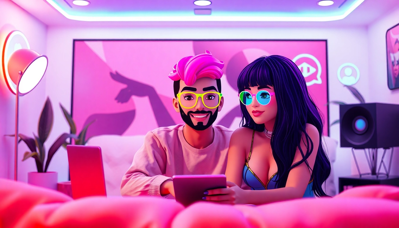 Engaging NSFW character AI interaction in a vibrant virtual chatroom setting.