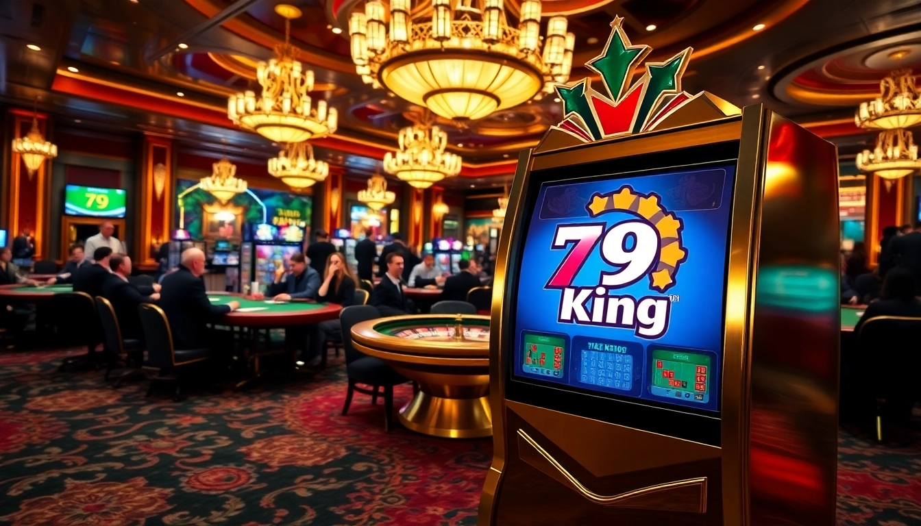 Players enjoying high-stakes games at 79King casino, showcasing vibrant slot machines and luxurious decor.