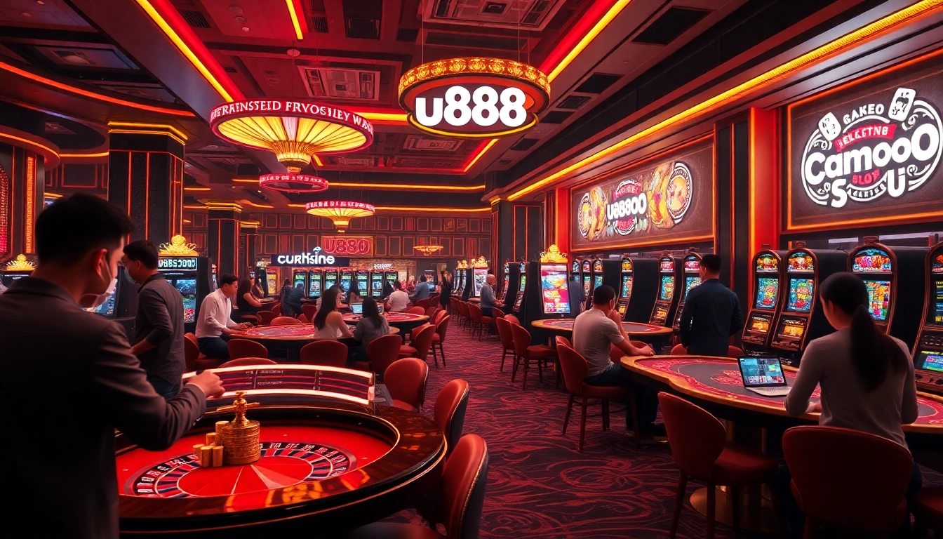 Players engaging with the u888 online casino interface amidst vibrant gaming activities.