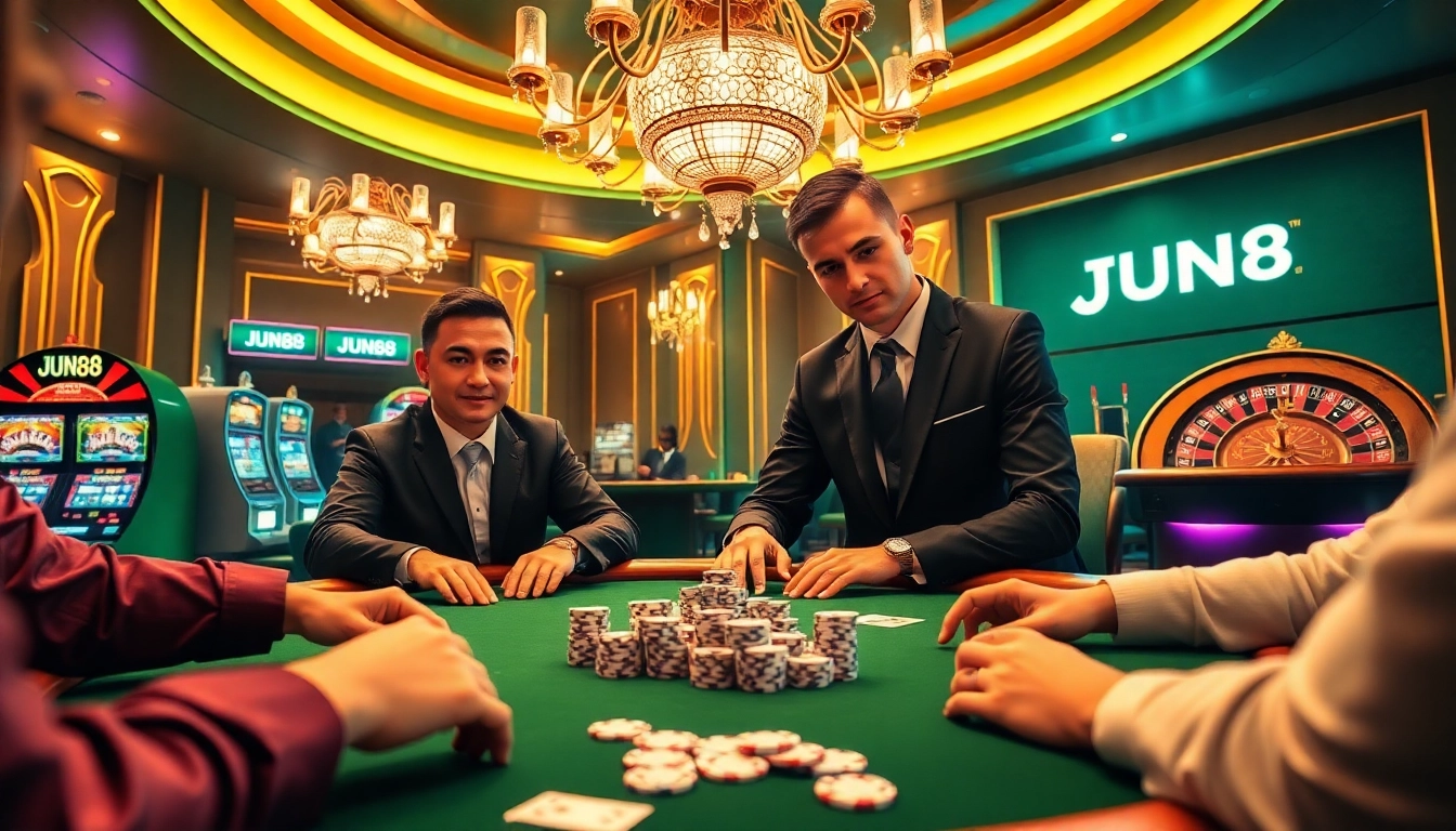 Experience high-stakes poker at JUN88, featuring polished chips and professional dealers for thrilling gameplay.