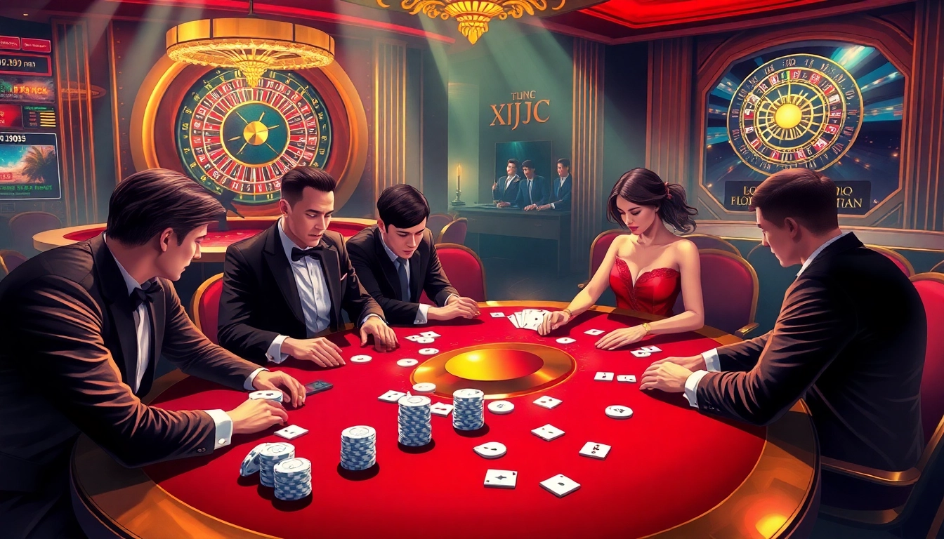 Tập Đoàn KJC vibrant casino table with engaged players and luxurious ambiance.