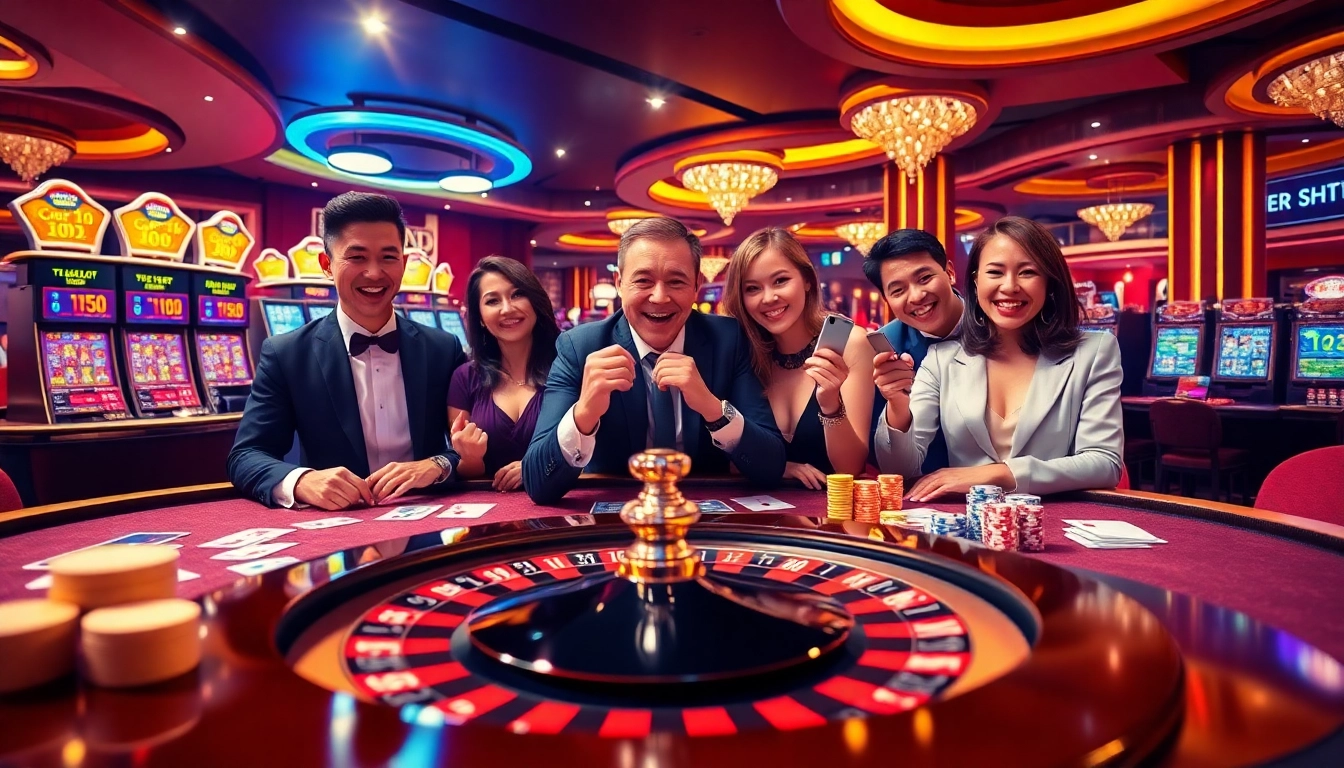 Players enjoying thrilling 8kbet games at a luxurious casino table with vibrant action.