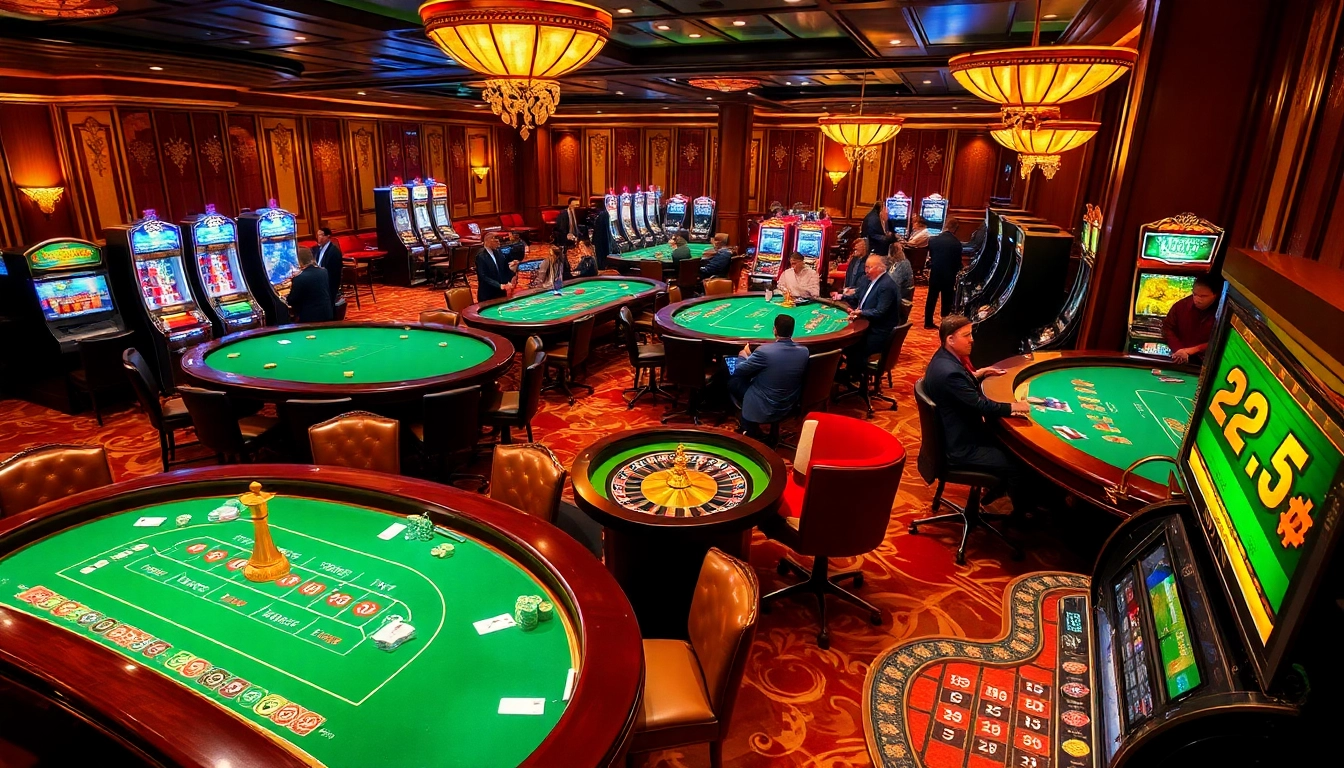 RR88 casino scene with vibrant tables, poker chips, and excited players engaging in games.