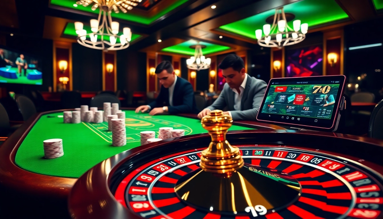 Exciting poker action at a 79king casino table with vibrant chips and a roulette wheel.