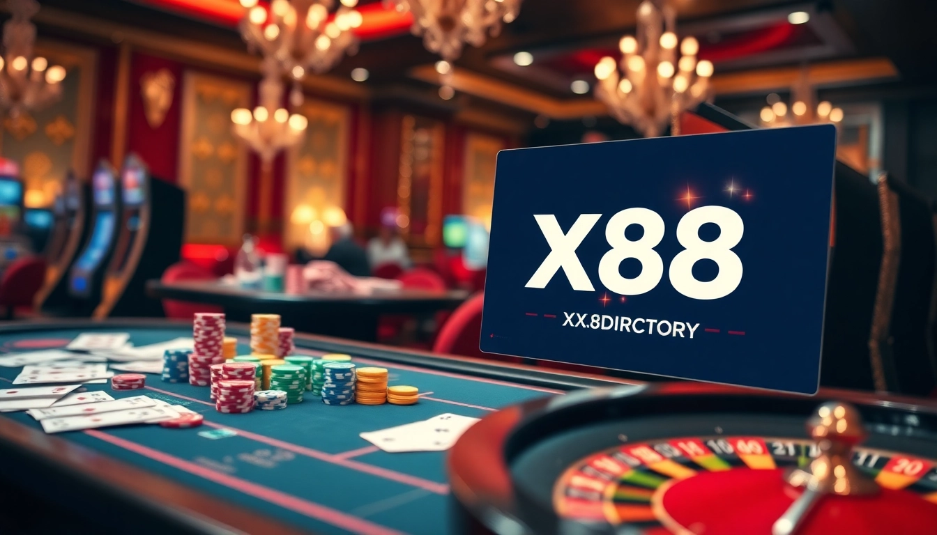 Exciting gambling scene showcasing https://xx88.directory/ with vibrant casino games, chips, and luxury ambiance.