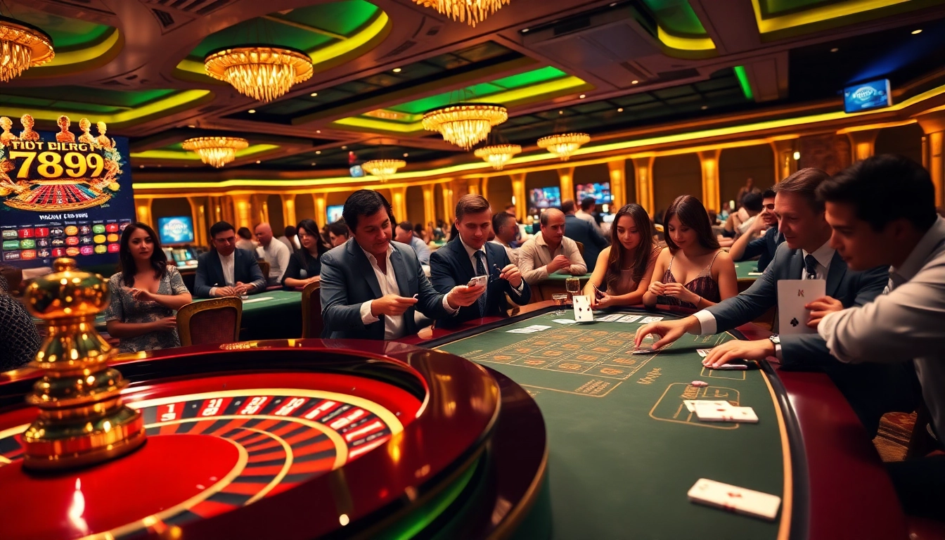 Players enjoying a thrilling moment at 789f casino tables with vibrant cards and chips.